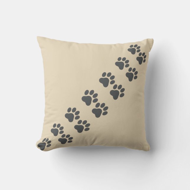 Cat Paw Prints Trail Beige Linen Texture Throw Pillow (Front)