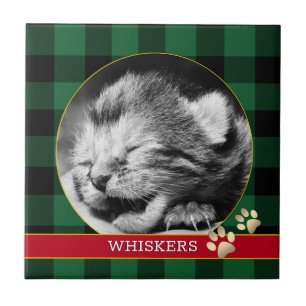 Cat Pawprint, Buffalo Plaid, baby Kitten Photo Ceramic Tile