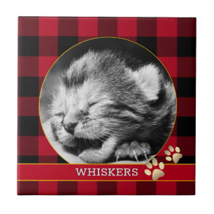 Cat Pawprint, Red Buffalo Plaid, baby Kitten Photo Ceramic Tile
