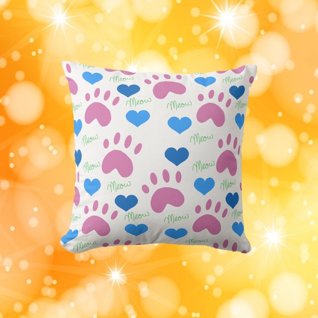 Cat Paws Hearts Meow Hand Drawn Pattern Pink Blue Throw Pillow (A pillow with a pattern of cat paws, hearts and meow in pink, blue and green.)