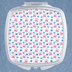 Cat Paws Hearts Meow Hand Drawn Pink Blue Pattern Compact Mirror
