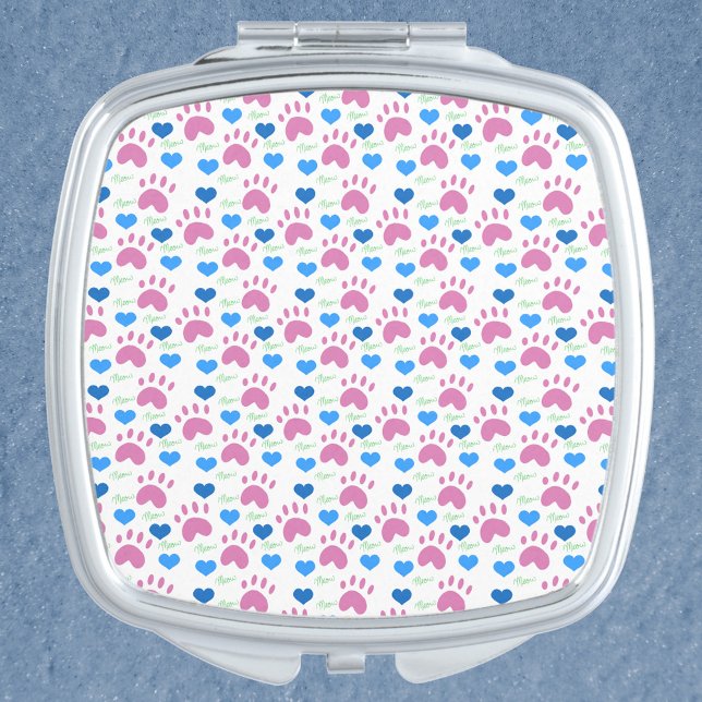 Cat Paws Hearts Meow Hand Drawn Pink Blue Pattern Compact Mirror (A compact mirror with a hand drawn pattern of cat paws, hearts and meows in pink & blue.)
