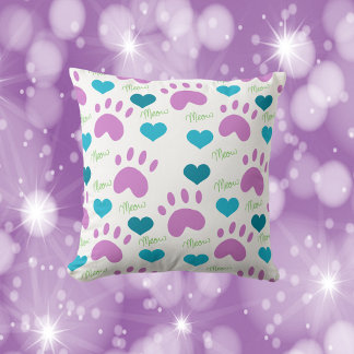 Cat Paws Hearts Meow Pattern Pink Teal Green Throw Pillow