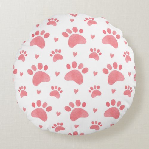 Cat Paws Watercolor Pattern Round Pillow
