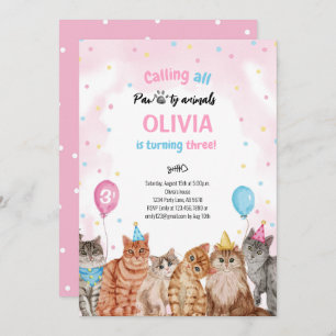 Cat Pawty Animals Girl Birthday Invitation