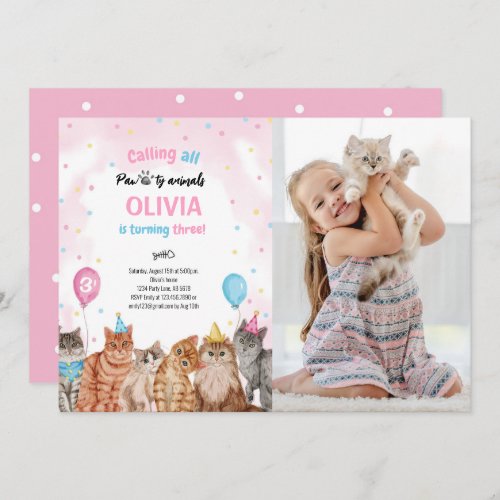 Cat Pawty Animals Girl Birthday Photo Invitation