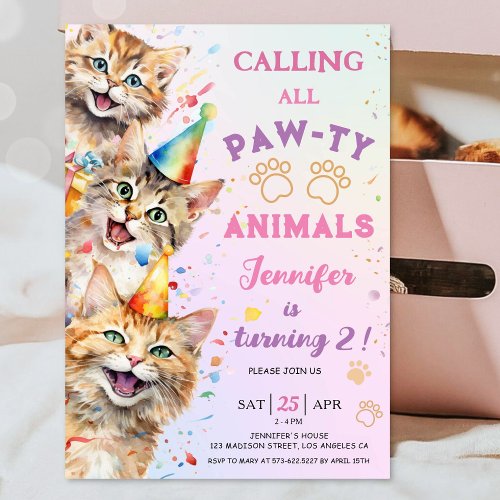 Cat Pawty Birthday Party Girl 2nd Birthday Invitation