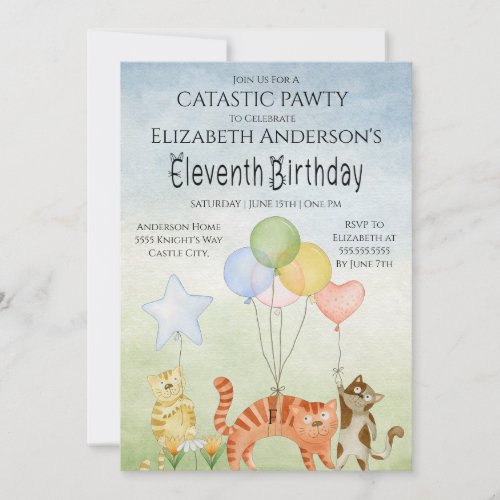 Cat Pawty Eleventh Birthday Invitation