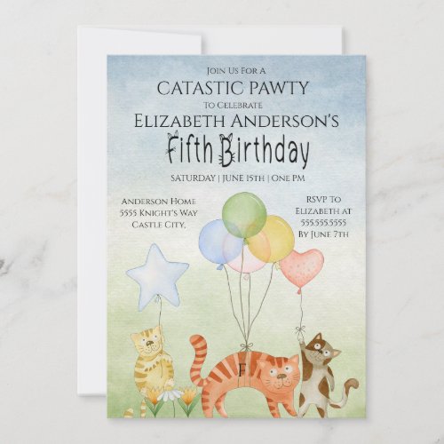 Cat Pawty Fifth Birthday  Invitation