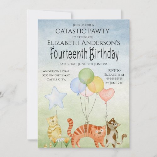 Cat Pawty Fourteenth Birthday  Invitation