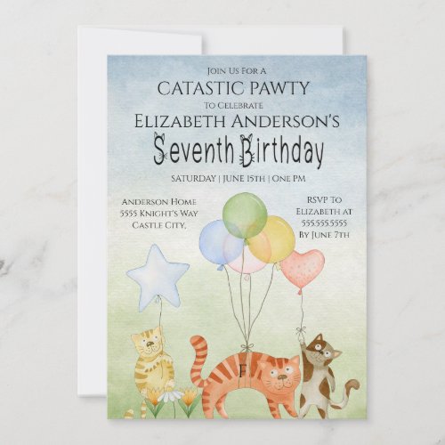 Cat Pawty Seventh Birthday  Invitation