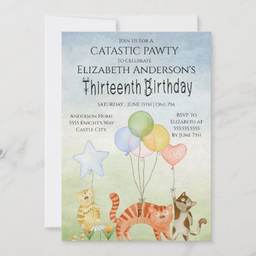 Cat Pawty Thirteenth Birthday  Invitation