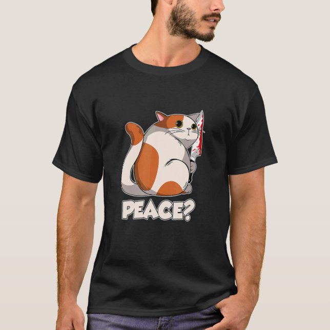 Cat Peace Murderous Cat With Knife T-Shirt (Front)