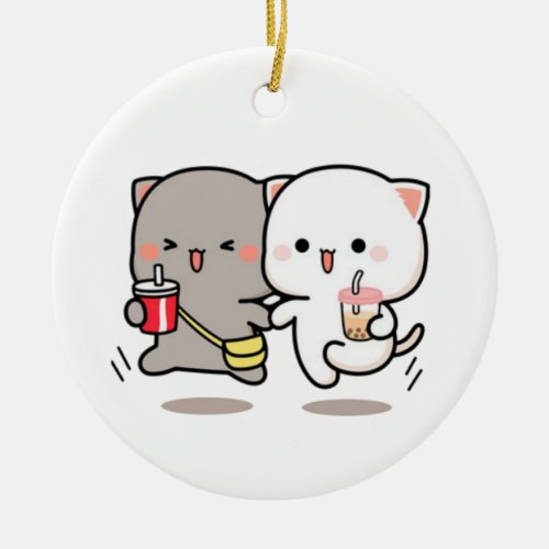 Cat peach and goma muchi ceramic ornament