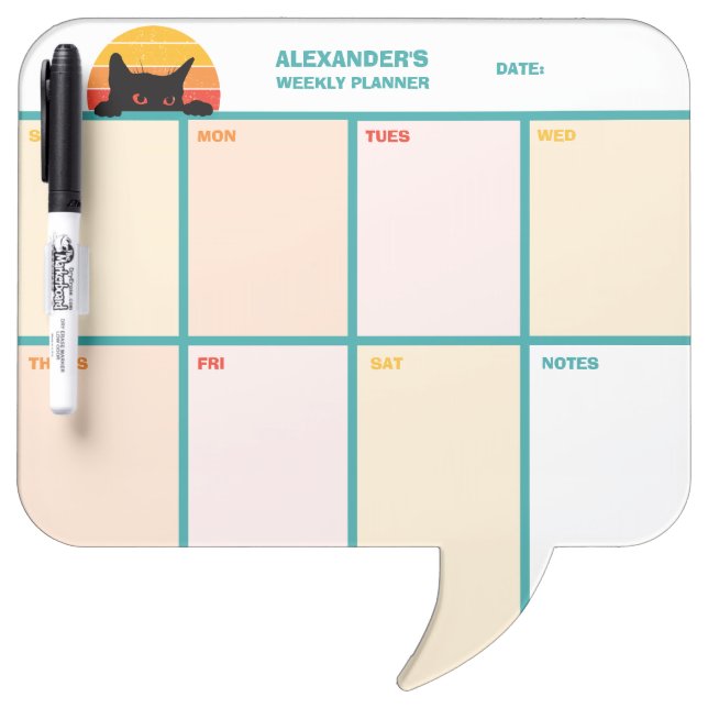 Cat Peek-A-Boo Retro Sunset Weekly Planner Dry Erase Board (Front)