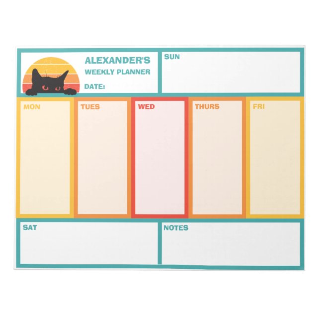 Cat Peek-A-Boo Retro Sunset Weekly Planner Notepad (Front)