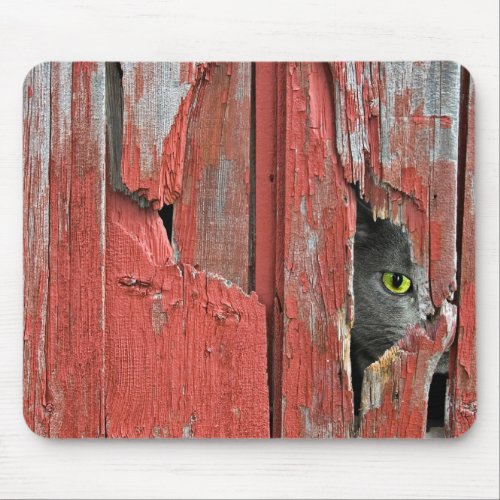Cat Peeking Out of Barn Wood Mouse Pad