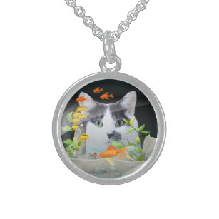 Cat Peering in Fish Tank Custom Cat Photo Sterling Silver Necklace