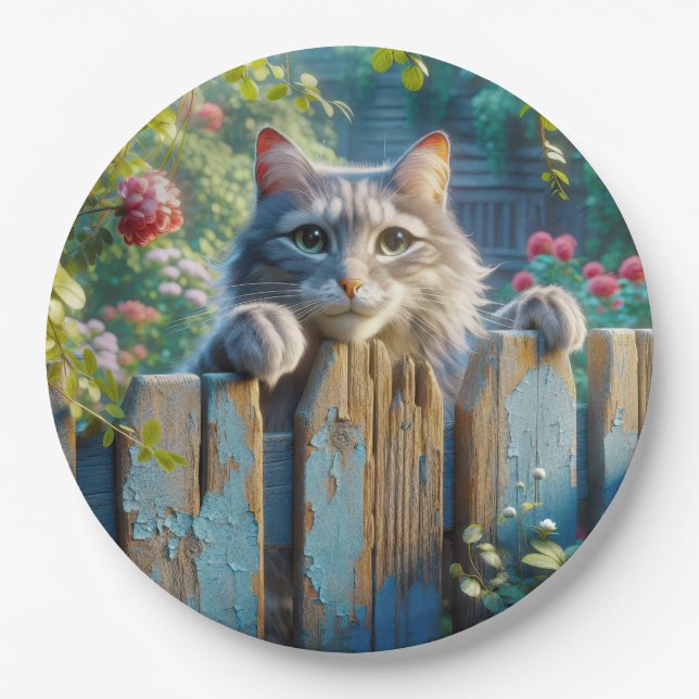 Cat Peering Over a Fence Paper Plates (Front)
