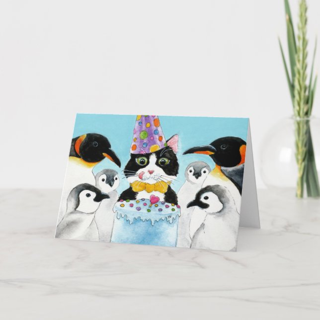 Cat, Penguins, Cake Birthday Card (Front)