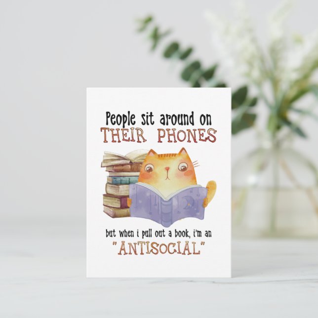 Cat People Sit On Their Phone Antisocial Cat Lover Postcard (Standing Front)