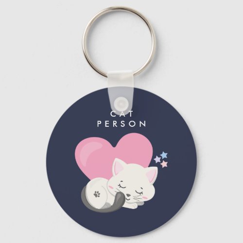 Cat Person Text Cute White Kitty Cat Sleeping Keychain