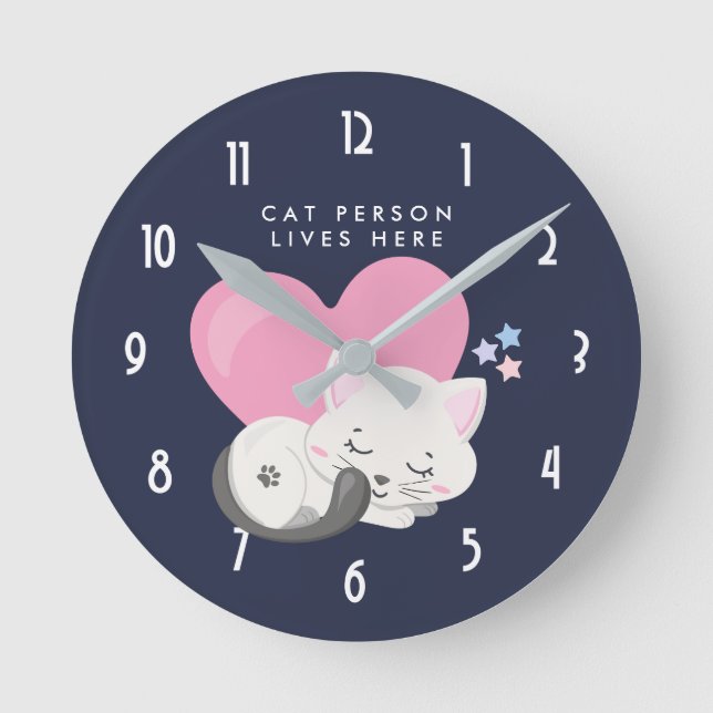 Cat Person Text Cute White Kitty Cat Sleeping Round Clock (Front)