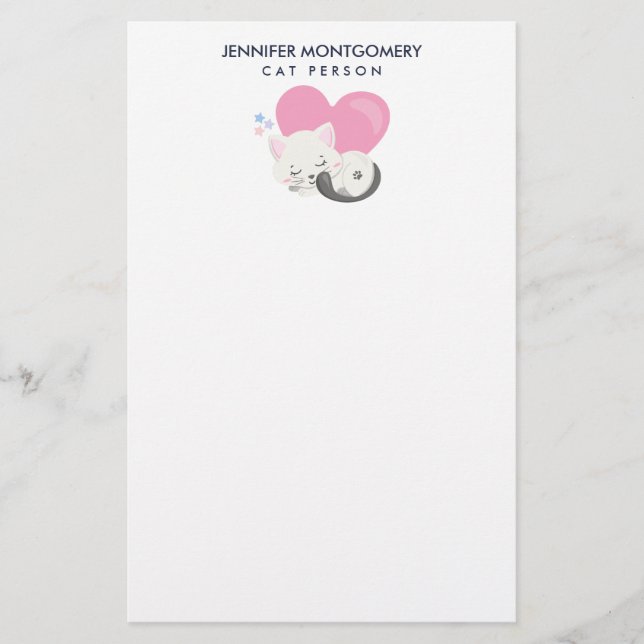 Cat Person Text Cute White Kitty Cat Sleeping Stationery (Front)