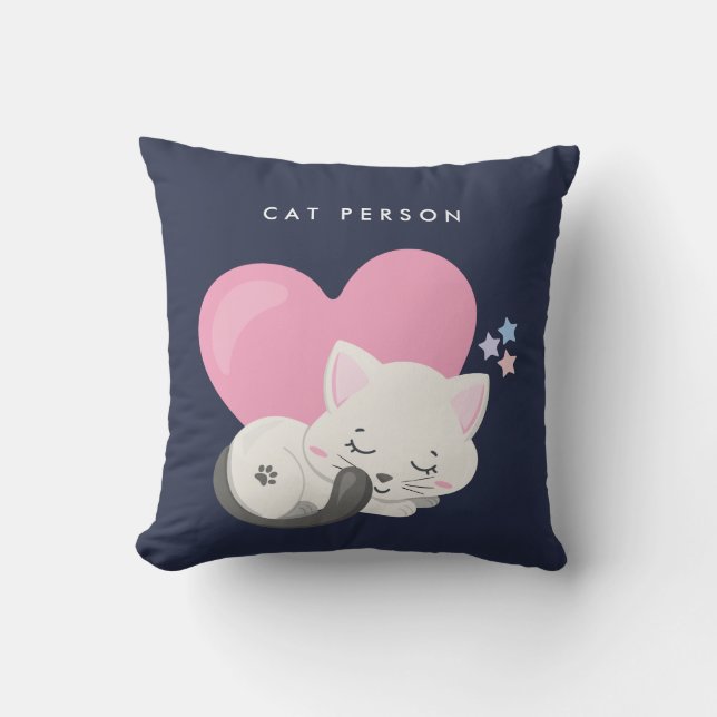 Cat Person Text Cute White Kitty Cat Sleeping Throw Pillow (Front)