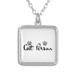 Cat Person Typography Art Silver Plated Necklace