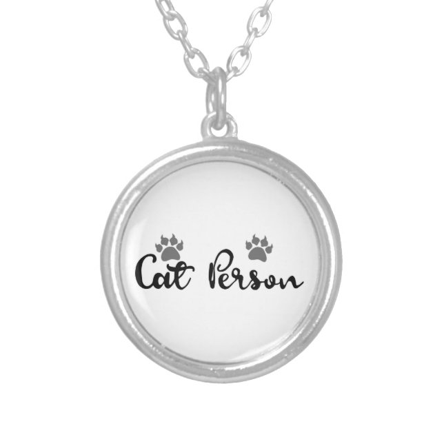 Cat Person Typography Art Silver Plated Necklace (Front)