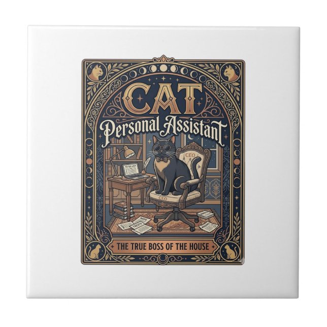 Cat Personal Assistant Cat Funny Owner Humor Vinta Ceramic Tile (Front)
