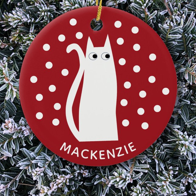 Cat Personalized Red White Ceramic Ornament (Red and white kitty cat fun personalized name Christmas ornament)