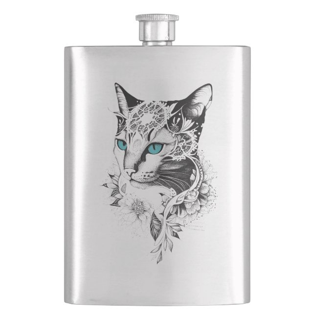 Cat Pet Animal Nature Illustration Art Tattoo Flask (Front)