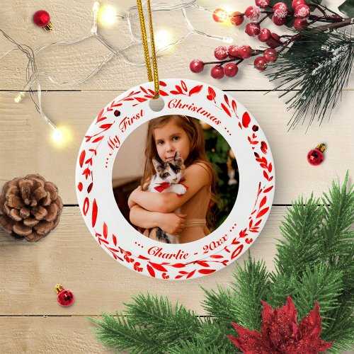 Cat Pet First Christmas Photo Red Wreath Ceramic Ornament