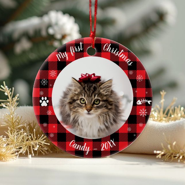 Cat Pet First Christmas Photo Rustic Buffalo Check Ceramic Ornament (Creator Uploaded)