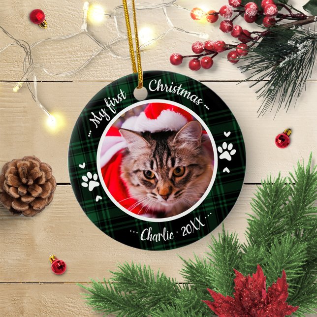 Cat Pet First Christmas Photo Rustic Green Plaid Ceramic Ornament (Creator Uploaded)