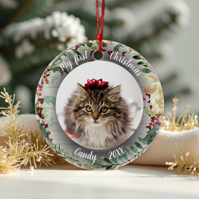 Cat Pet First Christmas Photo Winter Wreath Ceramic Ornament (Creator Uploaded)
