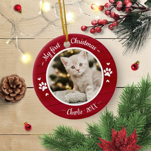 Cat Pet First Christmas Simple Photo Rustic Metal Ornament