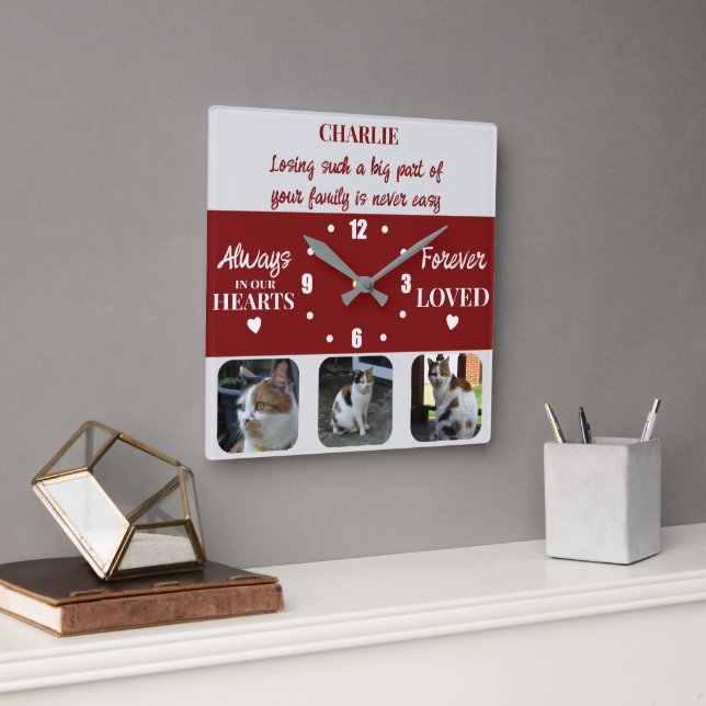 Cat pet loss Keepsake Memorial burgundy Square Wall Clock (Office)