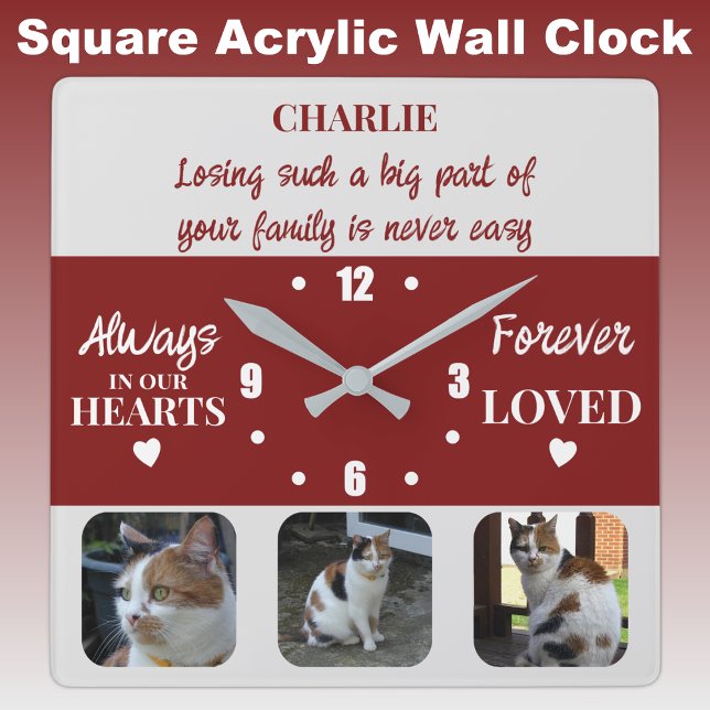 Cat pet loss Keepsake Memorial burgundy Square Wall Clock (Creator Uploaded)