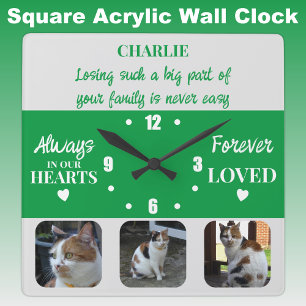 Cat pet loss Keepsake Memorial green Square Wall Clock