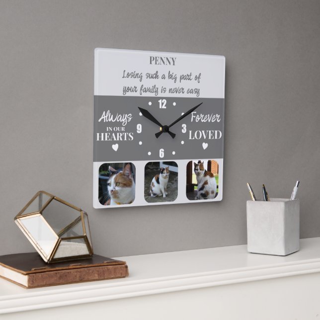 Cat pet loss Keepsake Memorial grey Square Wall Clock (Office)