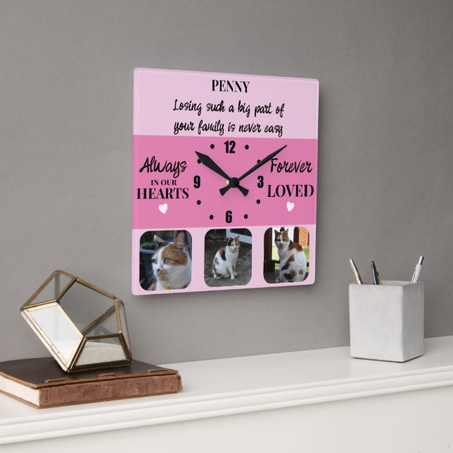 Cat pet loss Keepsake Memorial pink Square Wall Clock (Office)