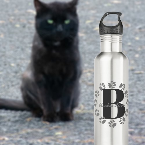 Cat Pet Paw Prints Personalized Monogram Stainless Steel Water Bottle