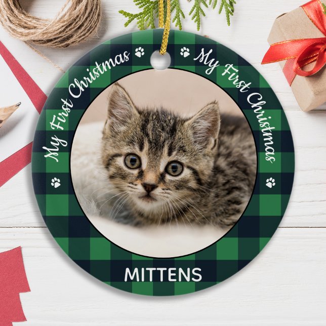 Cat Pet Photo Green Plaid Kitten First Christmas   Ceramic Ornament (Creator Uploaded)