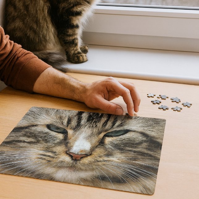 Cat Pet Portrait Challenging Jigsaw Puzzle (Cat jigsaw puzzle joy, with, forest cat supervisor. The cat portrait, puzzle almost done.)