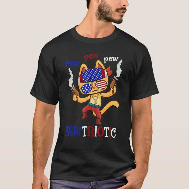 Cat Pew Pew Pawtriotic Cat 4th Of July Humor Tee (Front)