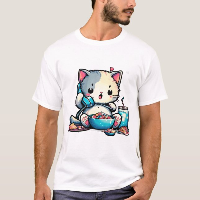 cat phone eating art design T-Shirt (Front)