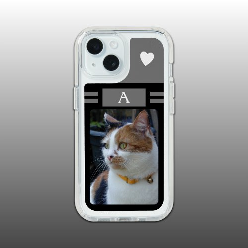 Cat photo and initial black grey white iPhone 15 case